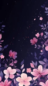 Nocturnal Floral Composition with Pink and Purple Botanical Elements.