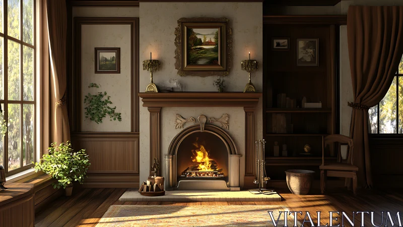 Classical wood-paneled parlor with ornate lit stone fireplace