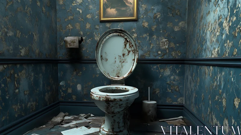 Decaying blue lavatory throne under a forgotten framed painting.