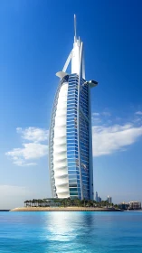 Sail-shaped offshore hotel tower stands against clear sky
