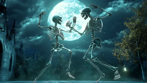 Moonlit skeleton dance party in a playful haunted nightscape.