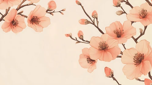 Delicate coral cherry blossoms rendered in soft botanical illustration style.