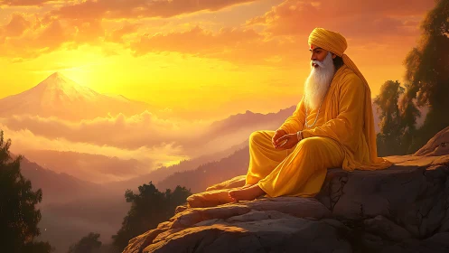 Elder in yellow robes meditating on sunlit mountain ridge.