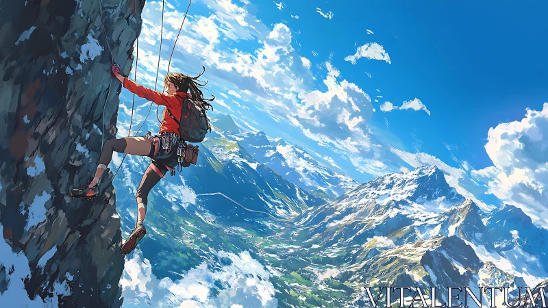 Solo climber on steep alpine cliff under clear sky.