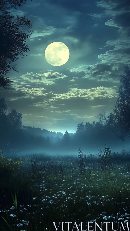 Full moon above misty forest clearing and wildflower field.