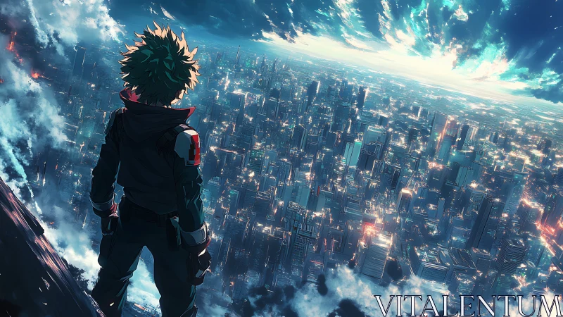 Lone anime hero surveys a storm-lit futuristic megacity