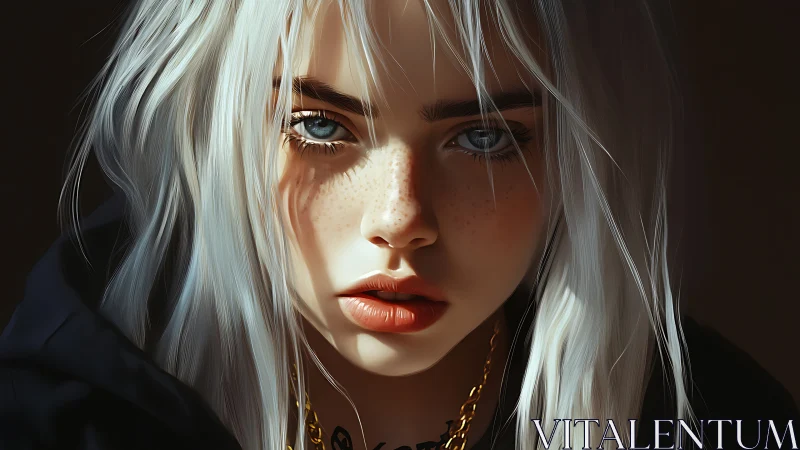 Hyperreal close-up portrait of silver-haired young woman