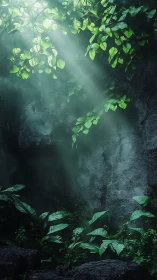 Lush jungle foliage under volumetric light shafts.