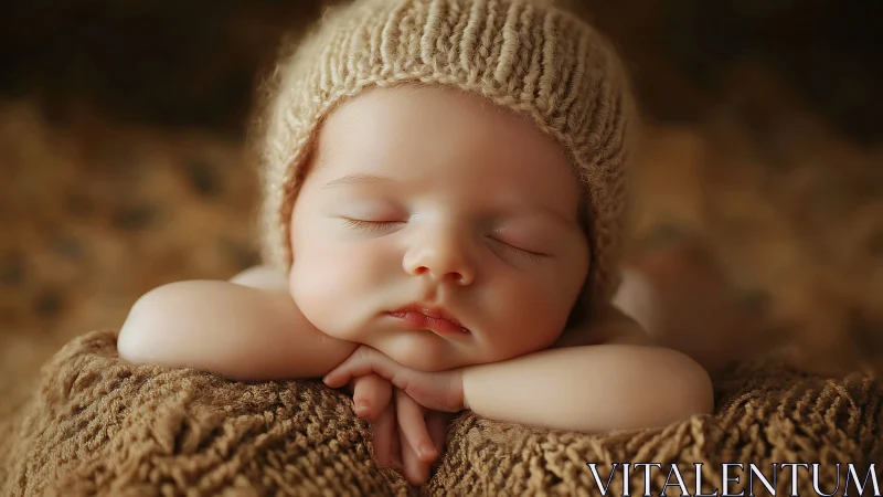 Sleeping Newborn Infant Posed with Cream Knit Beanie. Neonatal Portrait.