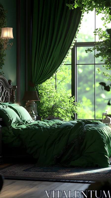 Verdant bedroom sanctuary with sunlit garden window scene.