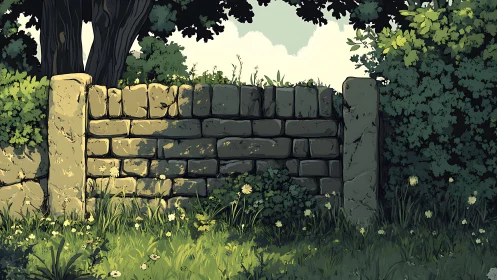 Sunlit stone garden wall framed by dense summer foliage.