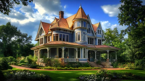 Victorian mansion with turret amid lush landscaped garden.