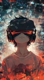 Youth with VR headset in abstract neon cityscape scene.