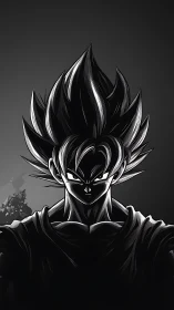 Monochrome anime warrior portrait with dramatic chiaroscuro.