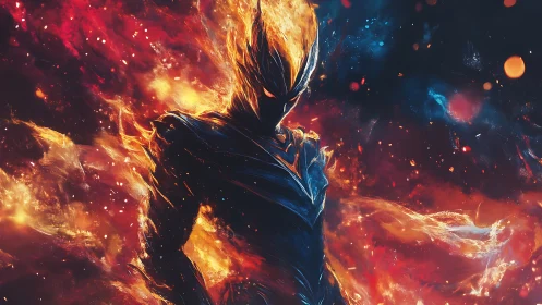 Blazing cosmic guardian strides through swirling starlit fire