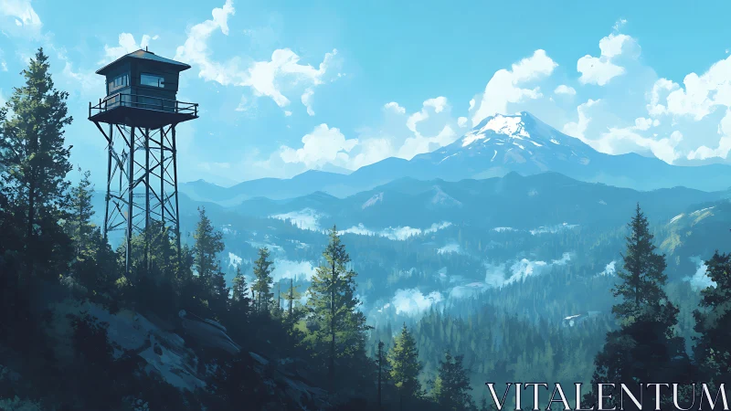 Quiet mountain watchtower gazes over sunlit forest valley