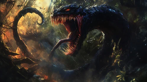 Predatory serpentine beast coils through backlit jungle undergrowth