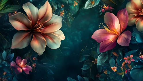 Luminescent Botanical Forms: Chromatic Flux in Darkened Atmospheric Space.