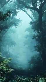 Misty Forest Canyon with Towering Trees and Atmospheric Light Penetration