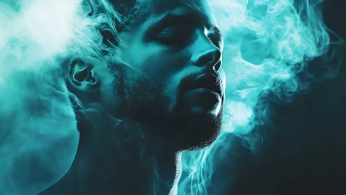Man’s side profile in teal smoke with dramatic lighting.
