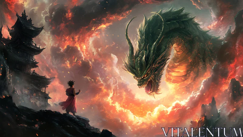 Warrior confronts colossal dragon above burning cliffs.