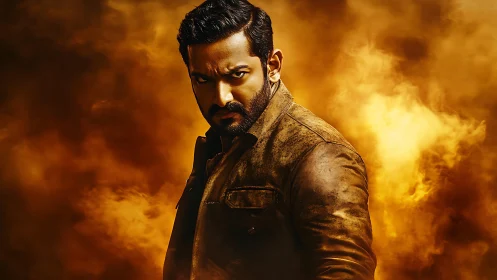 Man in leather jacket stands against intense orange smoke