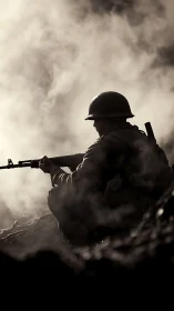 Silhouetted infantry soldier crouching in dense battlefield smoke.