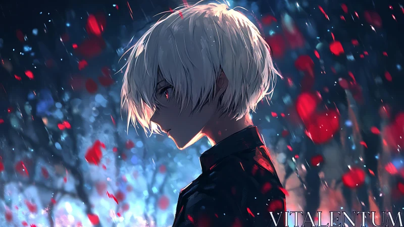White-haired boy amid glowing bokeh and crimson petals.
