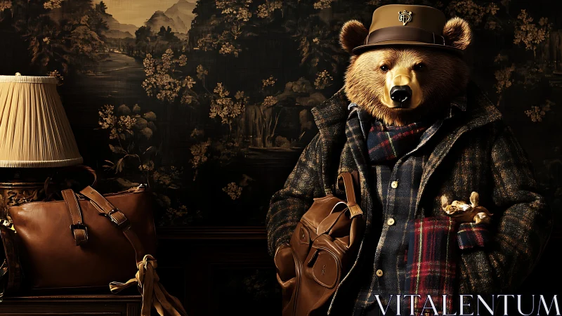 Urbane anthropomorphic bear in tailored fieldwear ensemble.