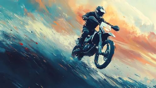 Motocross rider carving dynamic strokes through abstract dusk.