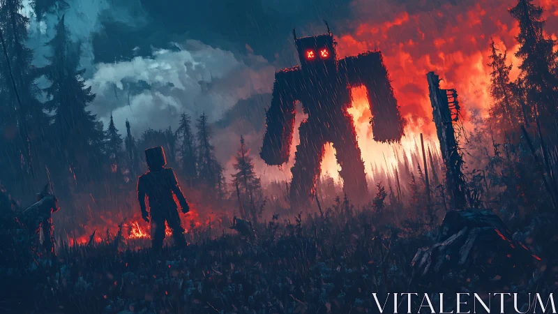 Pixel warrior confronting colossal lava mech in stormy forest.