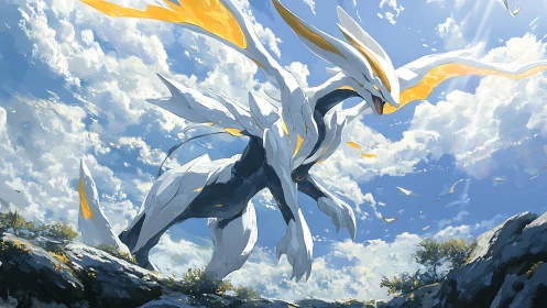 Celestial mech dragon soars through fractured cloudscape