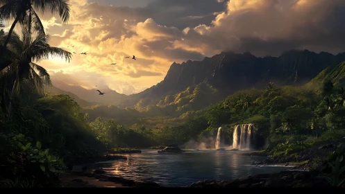 Sunlit jungle valley opens toward misty twin waterfalls.