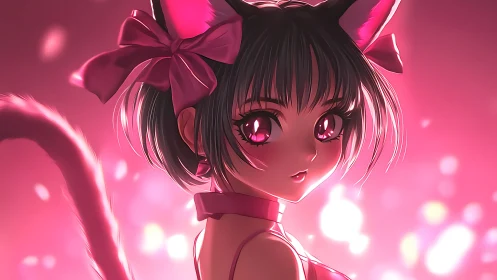 Pink-lit neko girl glows in dreamy bokeh haze.