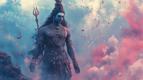 Divine warrior strides through swirling cosmic clouds.
