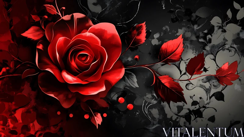 Luminous Crimson Rose with Grayscale Botanical Composition and Particle Effects
