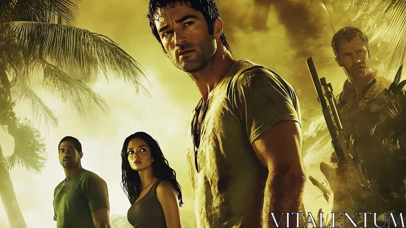 Tropical action survivors under golden stormlit jungle sky