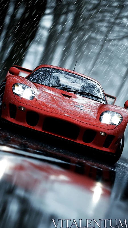 Red supercar powers through rain on reflective forest road.