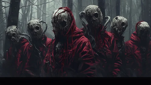 Cloaked forest figures stand united in eerie crimson silence