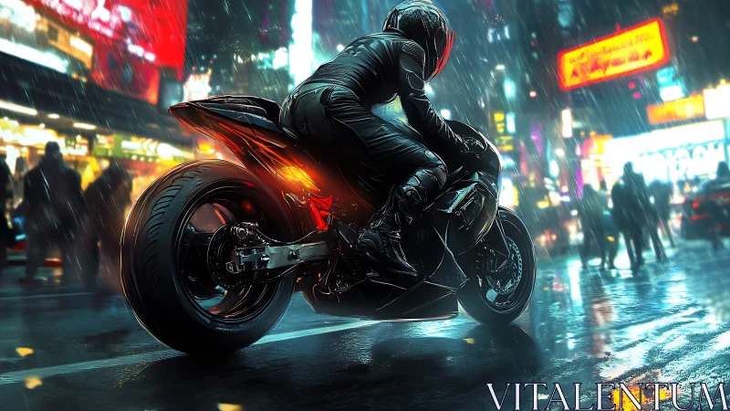 Neon-soaked sport bike races through a futuristic rainstorm
