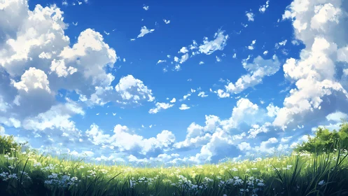 Cloud-filled blue sky stretches above detailed grassy meadow