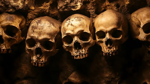 Silent skull guardians resting in warm cavern light.
