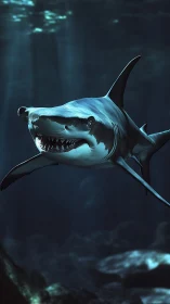 Powerful shark glides calmly through deep blue ocean light
