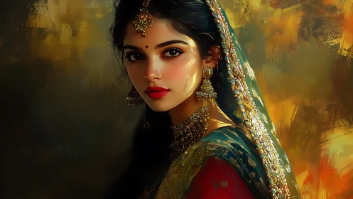 Regal bride in jeweled sari against molten sunset hues.