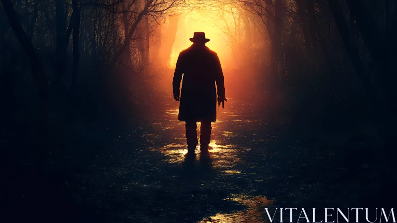 Lone figure in dark forest path against bright sunset glow.