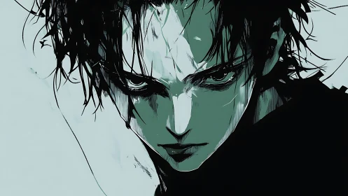 Storm-lit stare of a shadowed anime antihero at dusk.