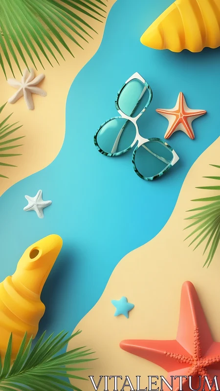 Isometric summer flatlay with stylized beach gear and starfish.