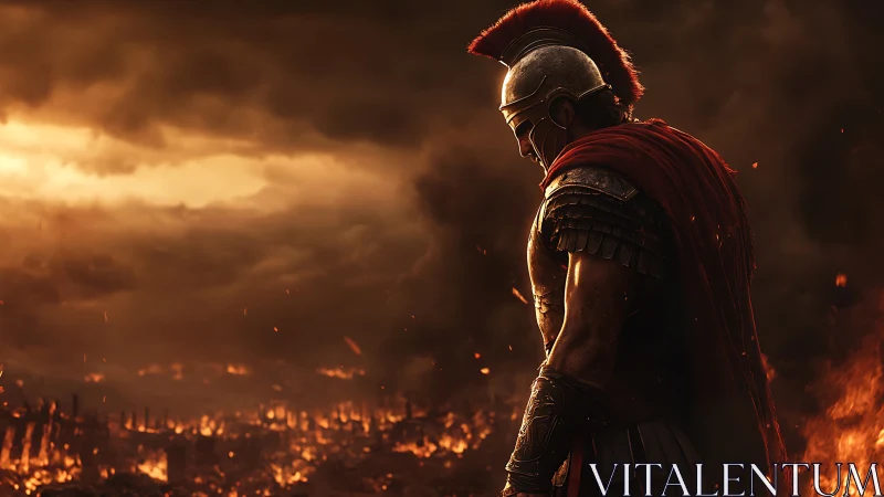 Armored ancient soldier overlooking burning battlefield scene.