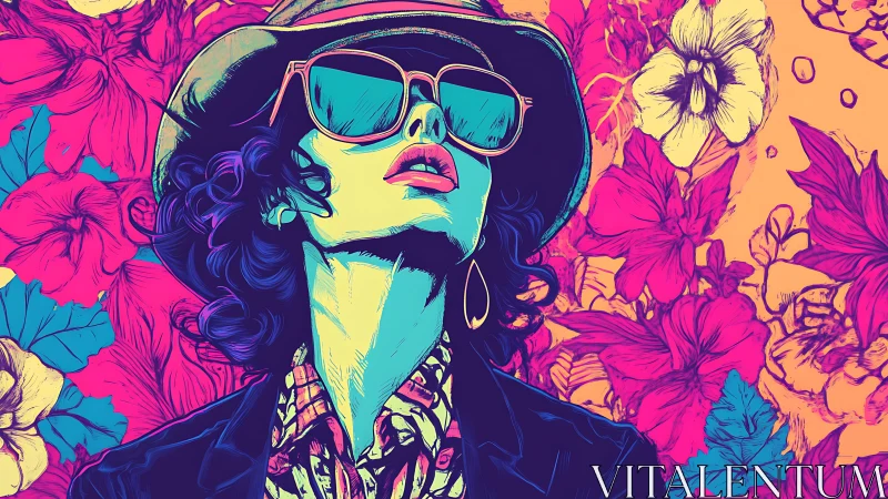 Stylized figure with sunglasses against dense floral backdrop.