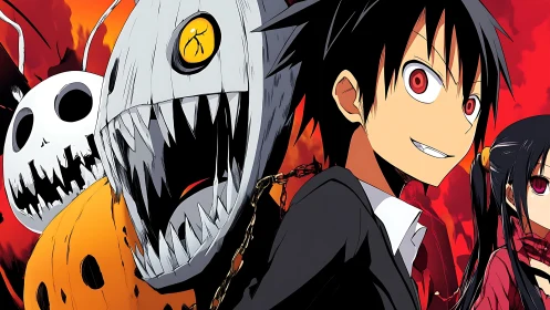 Stylized anime protagonists stride before chained demon creatures